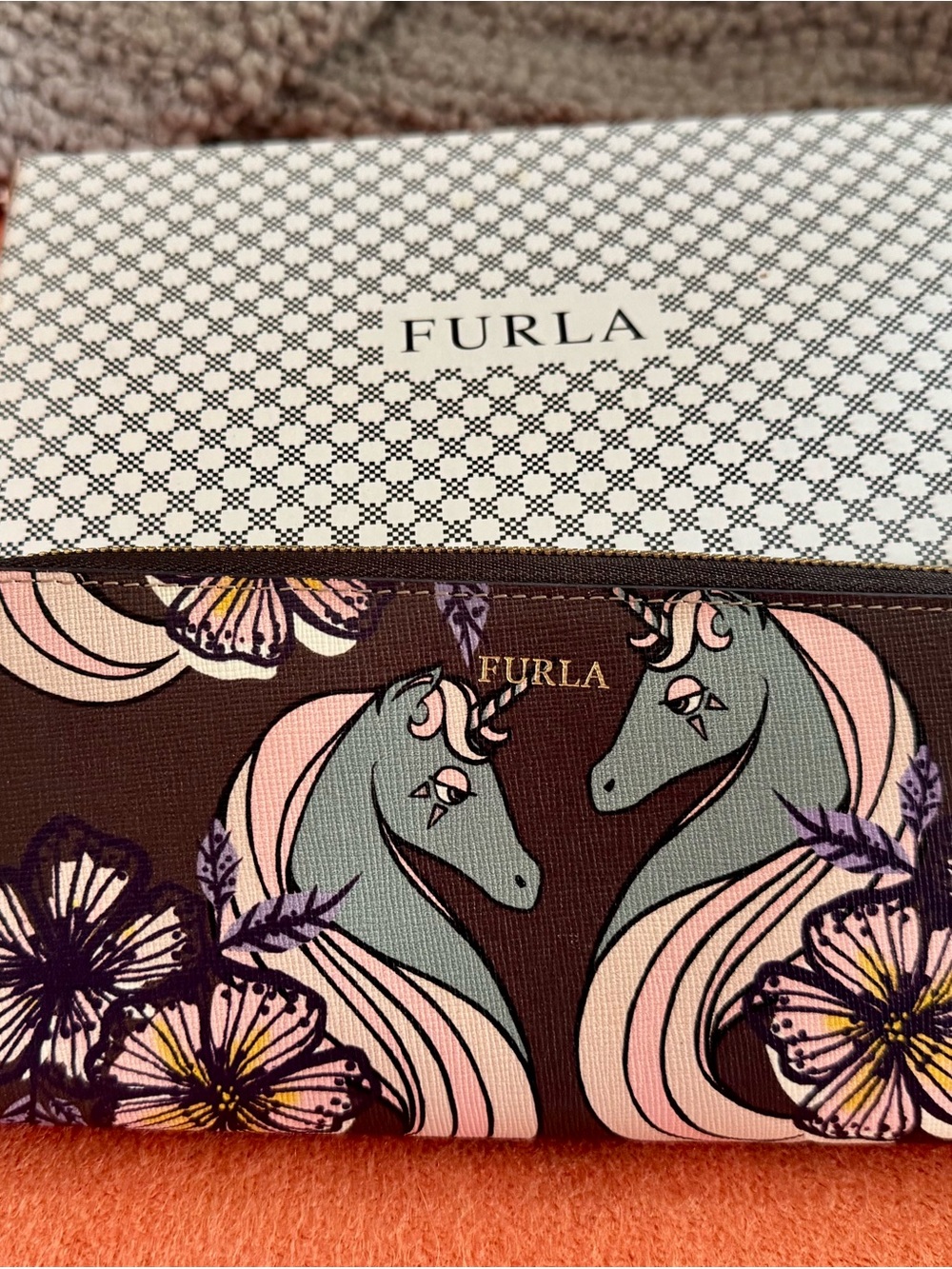 LN Limited Edition Furla Brown Wallet with Flowers & Pink Gray Unicorns